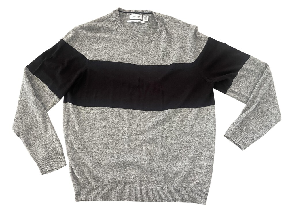 Calvin Klein Sweater Mens XL Gray Black Stripe Crewneck Knit Pullover Casual
